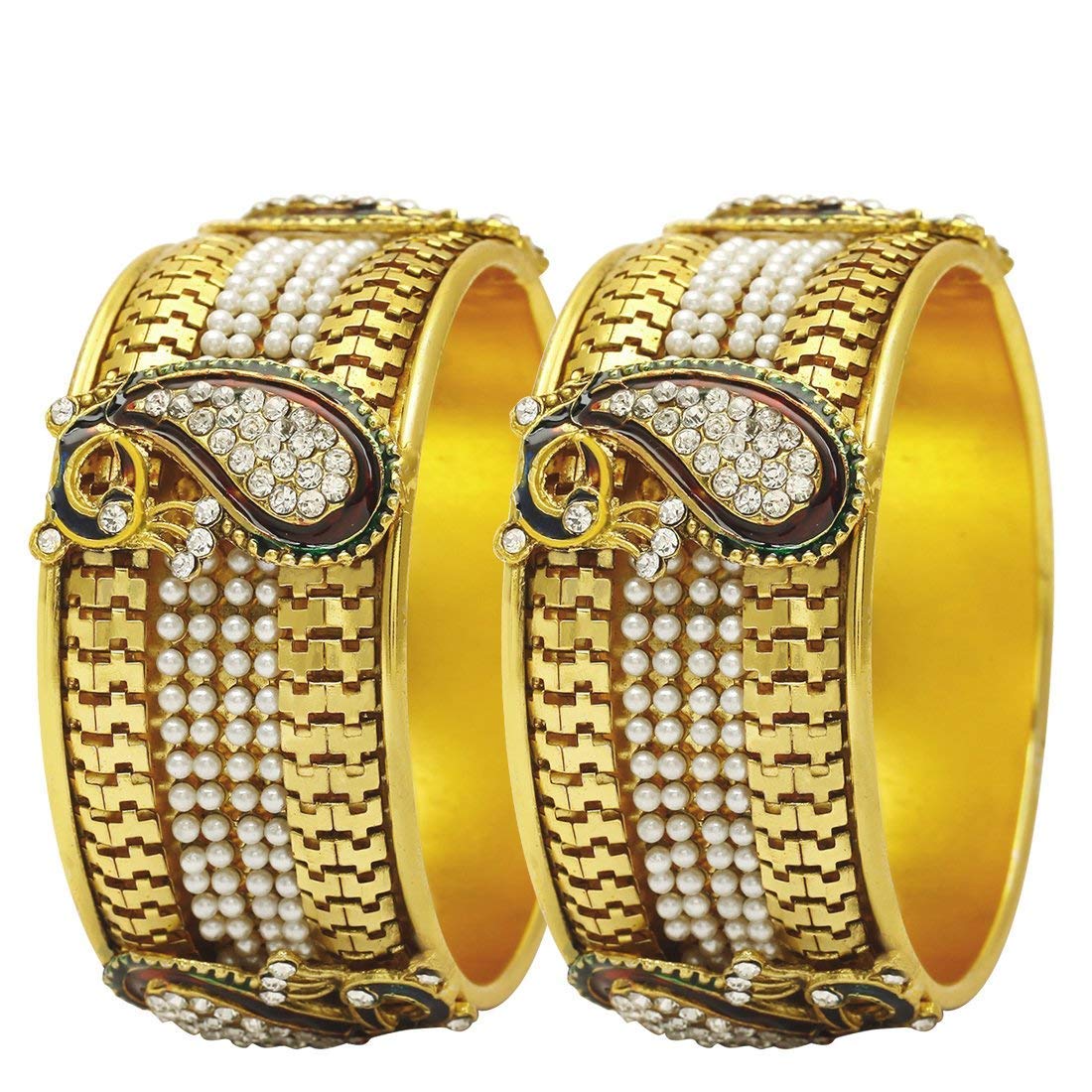 Yellow Chimes Classic Look 2 Pcs Bangle Set Gold Plated Pearl Crystal Traditional Ethnic Bangles for Women and Girls (2.6)