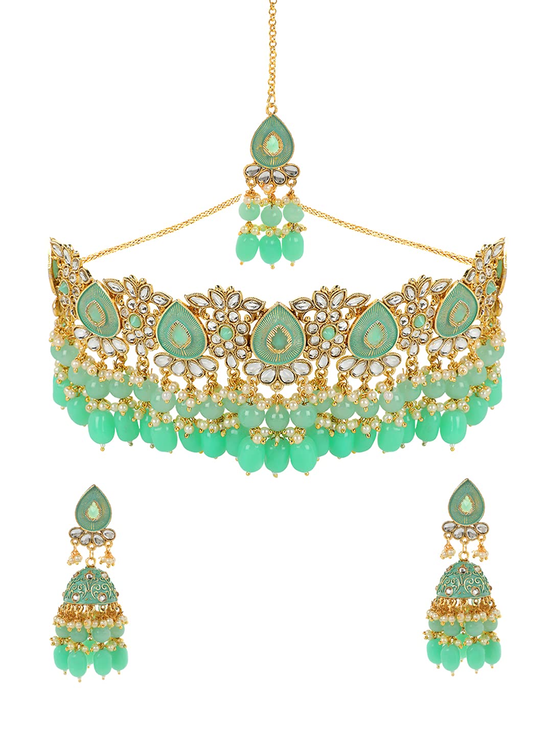 Yellow Chimes Traditional Jewellery Set for Women Kundan Green Beads Jewellery Set Gold Plated Traditional Choker Necklace Set with Maang Tikka for Women and Girls.