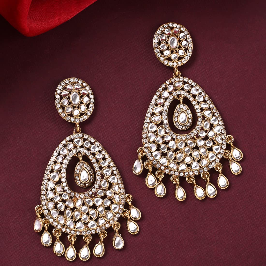 Yellow Chimes Danglers Earrings for Women Gold Plated Traditional White Studded Stones Dangler Earrings for Women and Girls.