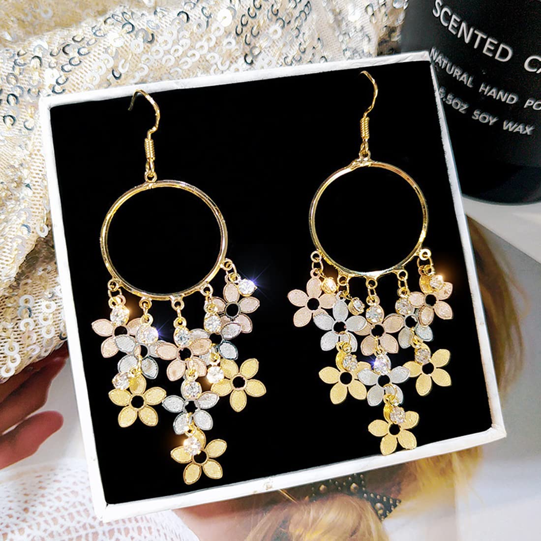 Yellow Chimes Earrings For Women Gold Tone Open Circle Crystal Flower Hanging Hook Drop Earrings For Women and Girls