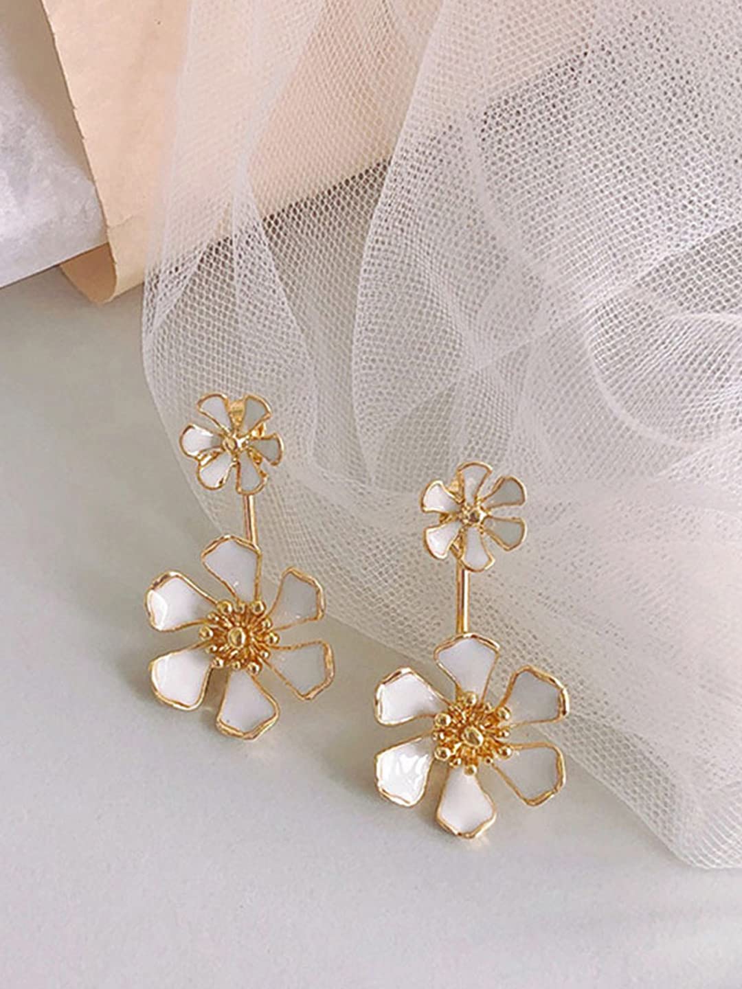 Yellow Chimes Earrings For Women Gold Tone White Double Drop Flower Designed Earrings For Women and Girls