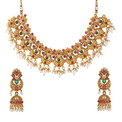 Yellow Chimes Jewellery Set For Women Gold Plated Pink and Green Stone Studded Pearl Beads Hanging Floral Designed Choker Necklace Set For Women and Girls