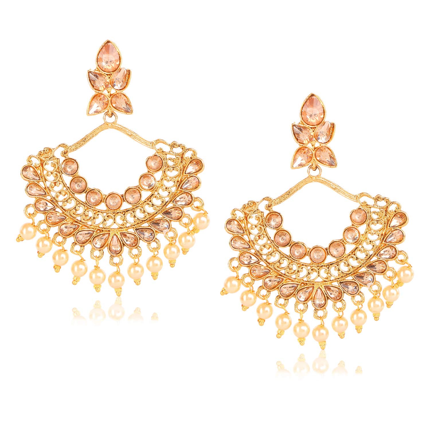 Yellow Chimes Ethnic Golden Kundan Studded Pearl Chand Bali Earrings for Women and Girls