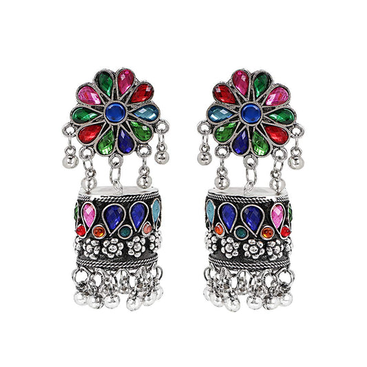 Yellow Chimes Oxidised Earrings for Women Silver Oxidised Floral Pink Stone Studed Traditional Jhumka Jhumki Earrings for women and Girls