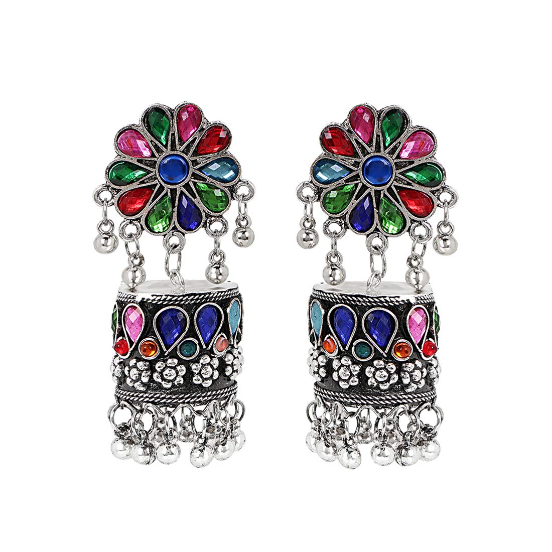 Yellow Chimes Oxidised Earrings for Women Silver Oxidised Floral Pink Stone Studed Traditional Jhumka Jhumki Earrings for women and Girls