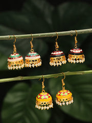 Yellow Chimes Meenakari Jumka Earrings with Ethnic Design Gold Plated Traditional Beads Combo of 3 pairs for Women and Girls