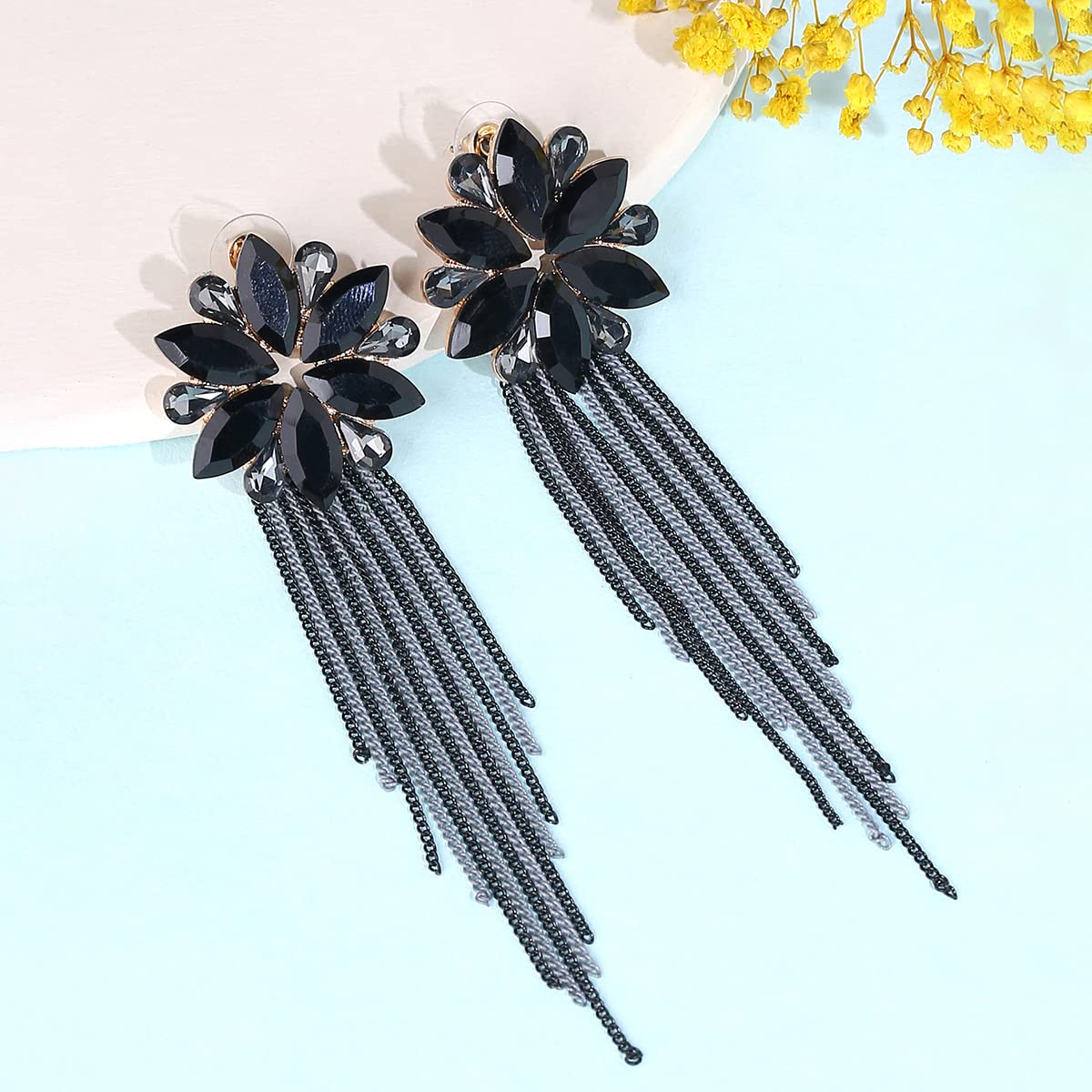 Yellow Chimes Crystal Danglers Earrings for Women Floral Shaped Crystal Black Long Chain Dangler Earrings for Women and Girls