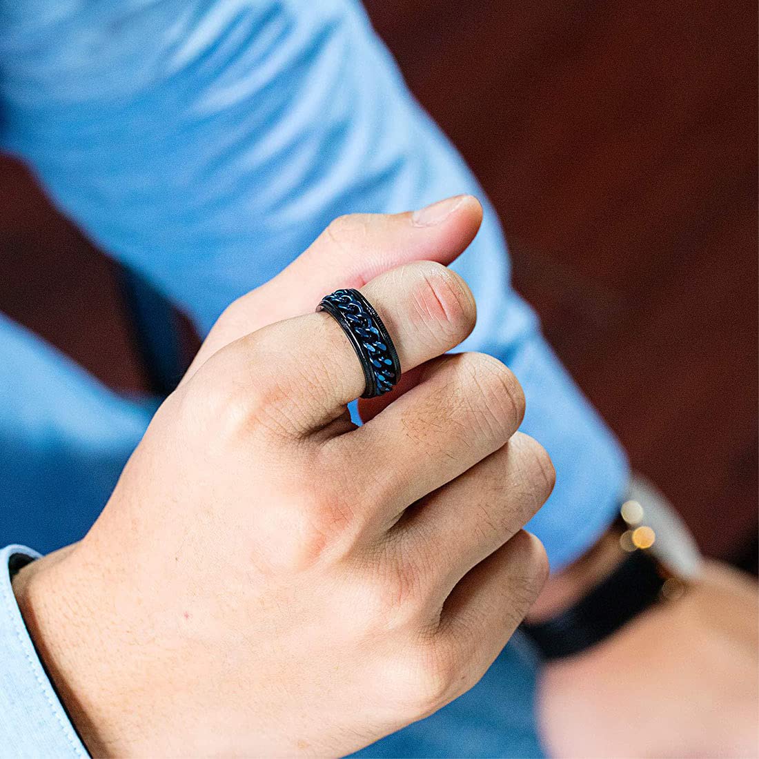 Yellow Chimes Rings for Men Chain Ring Tough Dude Blue Chain Stainless Steel Black Ring for Men and Boys.