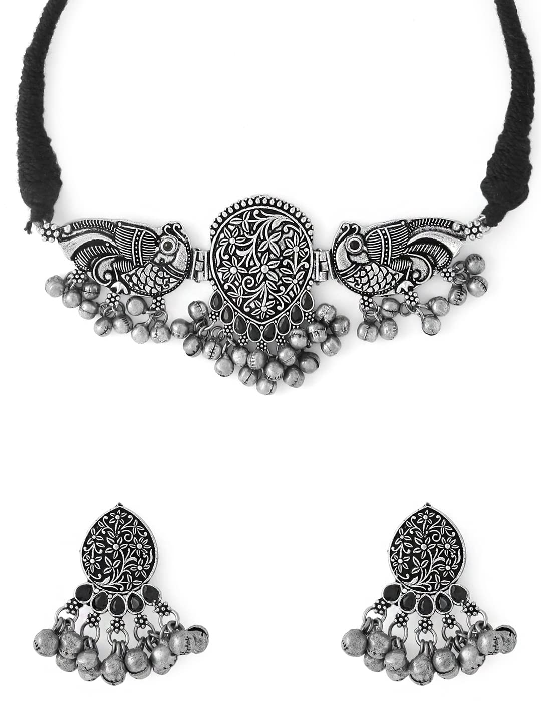 Yellow Chimes Silver Oxidised Necklace Set Peacock Design Ghungroo Choker Necklace Set for Women & Girls