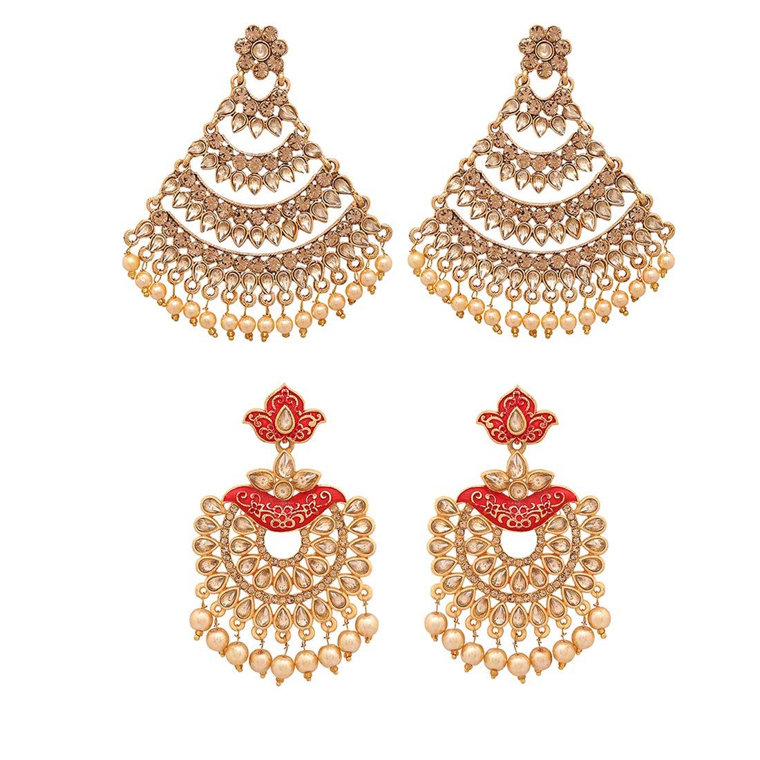 Yellow Chimes Chandbali Earrings for Women Combo of 2 Pairs Ethnic Gold Plated Matte Finish Traditional Kundan Studded Danglers Earrings for Women and Girls