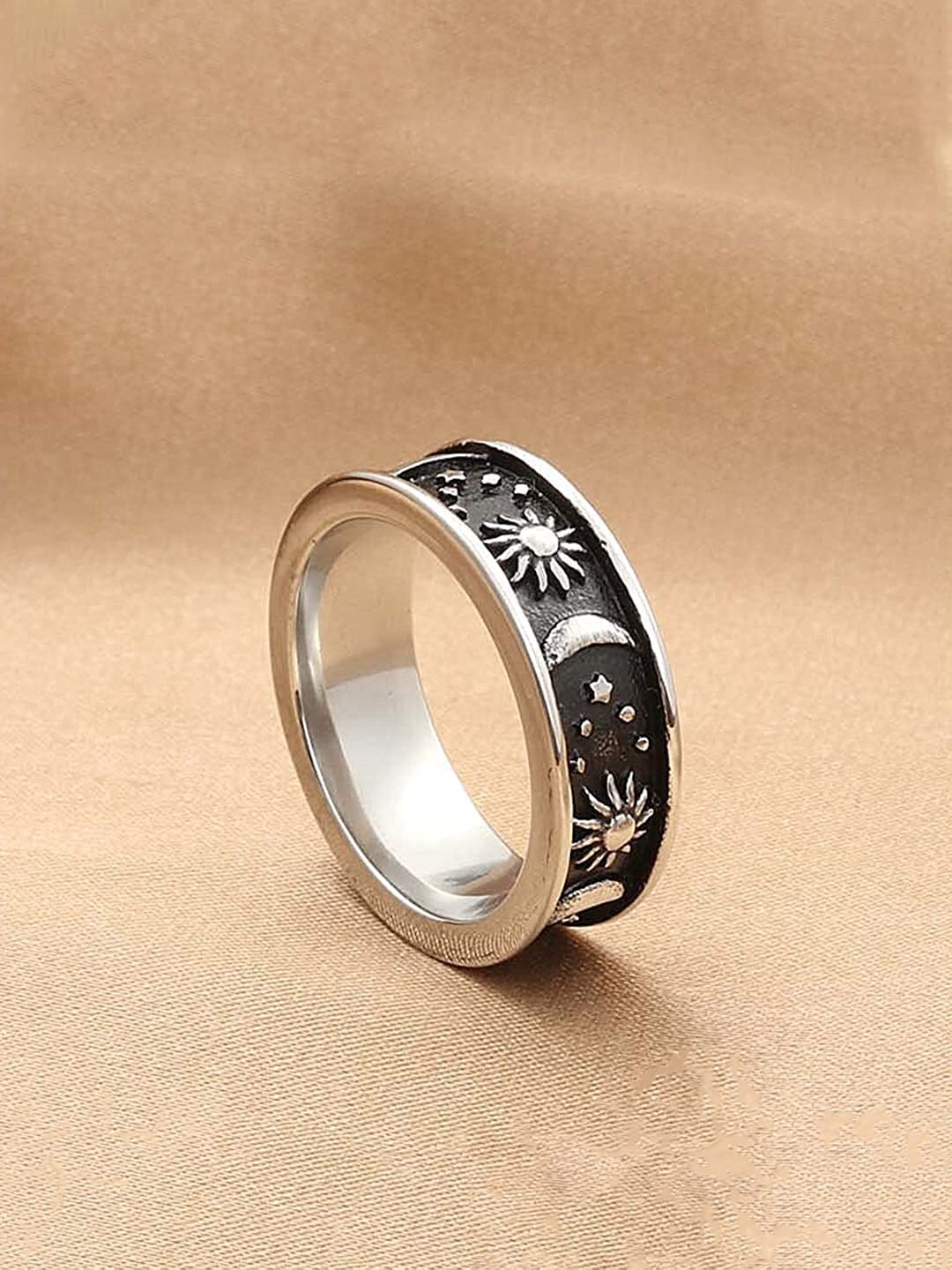 Yellow Chimes Rings for Women Stainless Steel Ring Carved Sun Moon Universe Energy Sign Statement Band Rings for Women and Girls