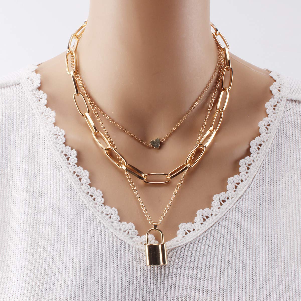 Yellow Chimes Layered Necklace for Women Chain Choker Necklace Gold-Plated Western Key Heat Locket Multi layered Chain Necklace for Women and Girls