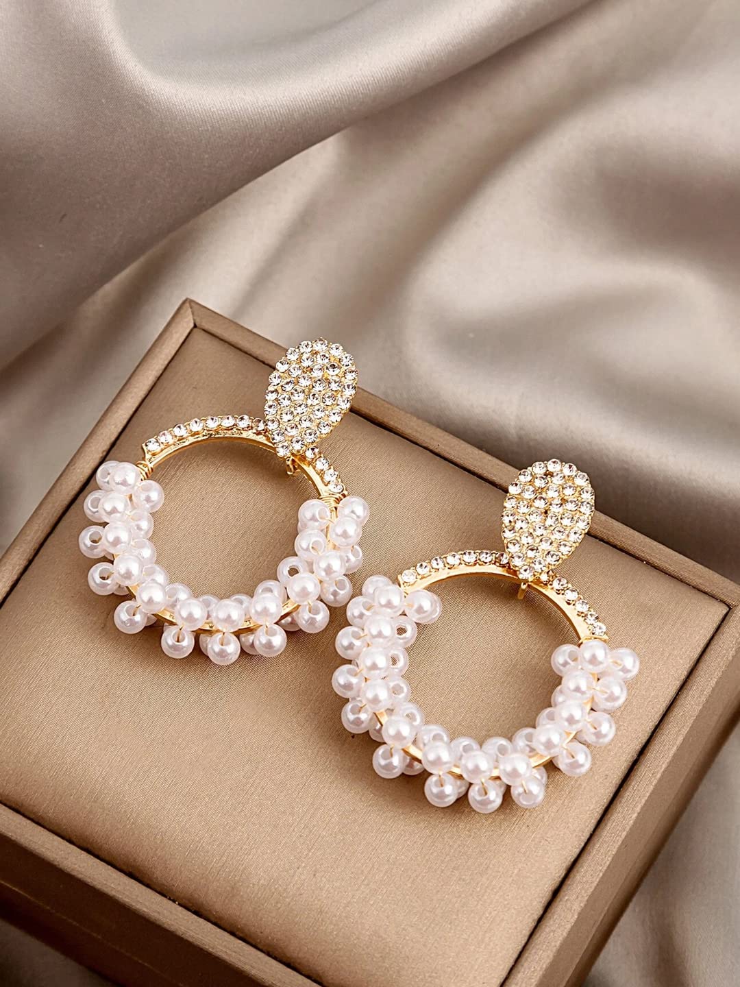 Yellow Chimes Earrings For Women Gold Tone Crystal Open Circle Pearl Embellished Drop Earrings For Women and Girls