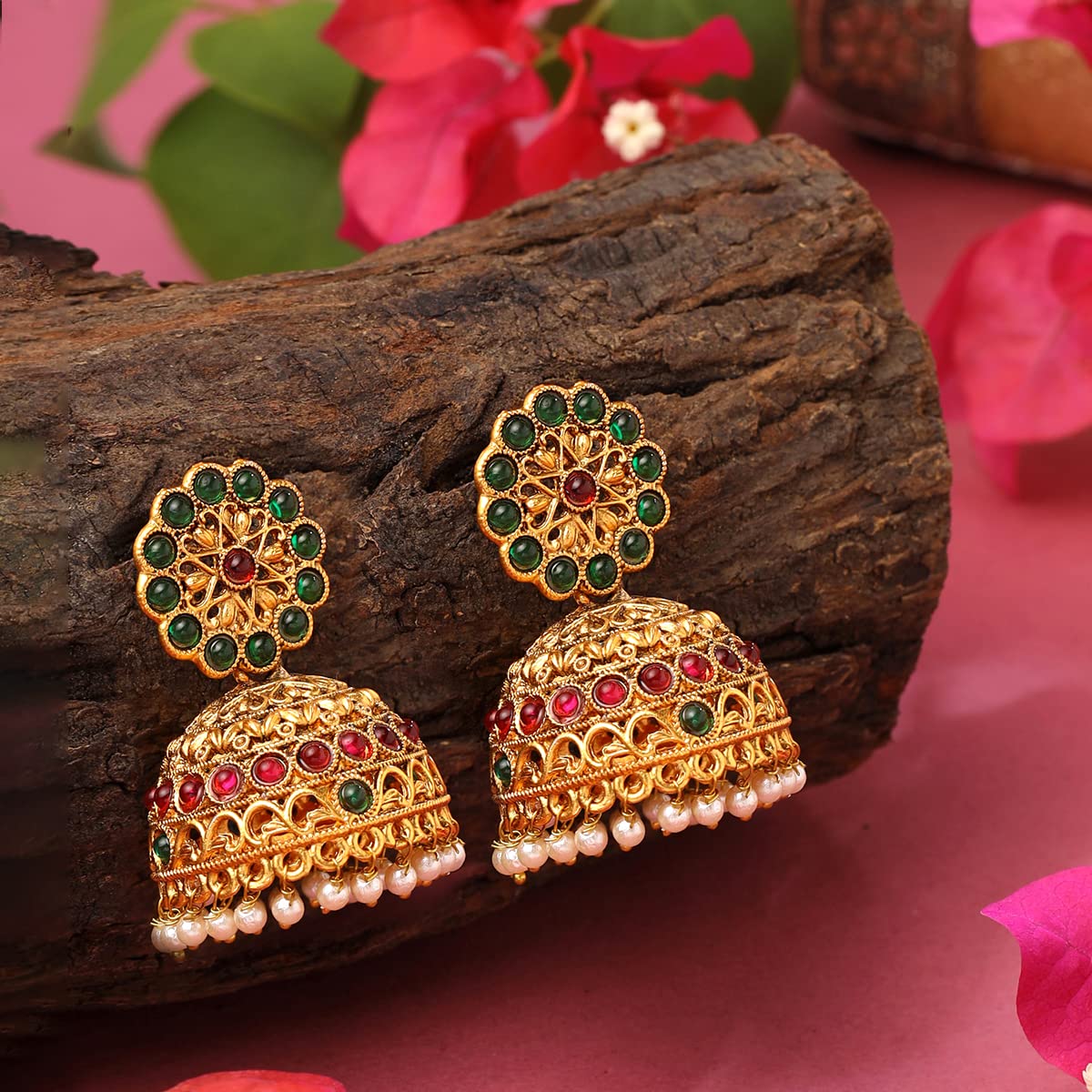 Yellow Chimes Earrings For Women Gold Toned Crystal Studded Jhumka Earrings For Women and Girls