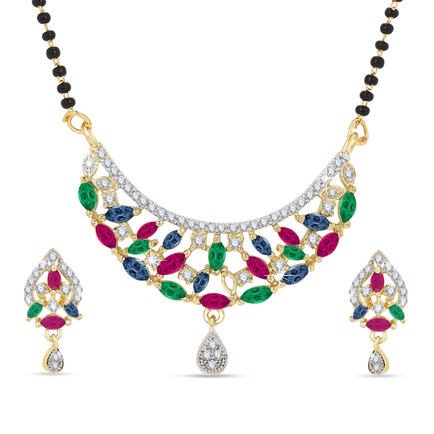 Yellow Chimes Classic Multicolor AD/American Diamond Studded Ethnic Black Beads Designer Mangalsutra Set with Earrings for Women