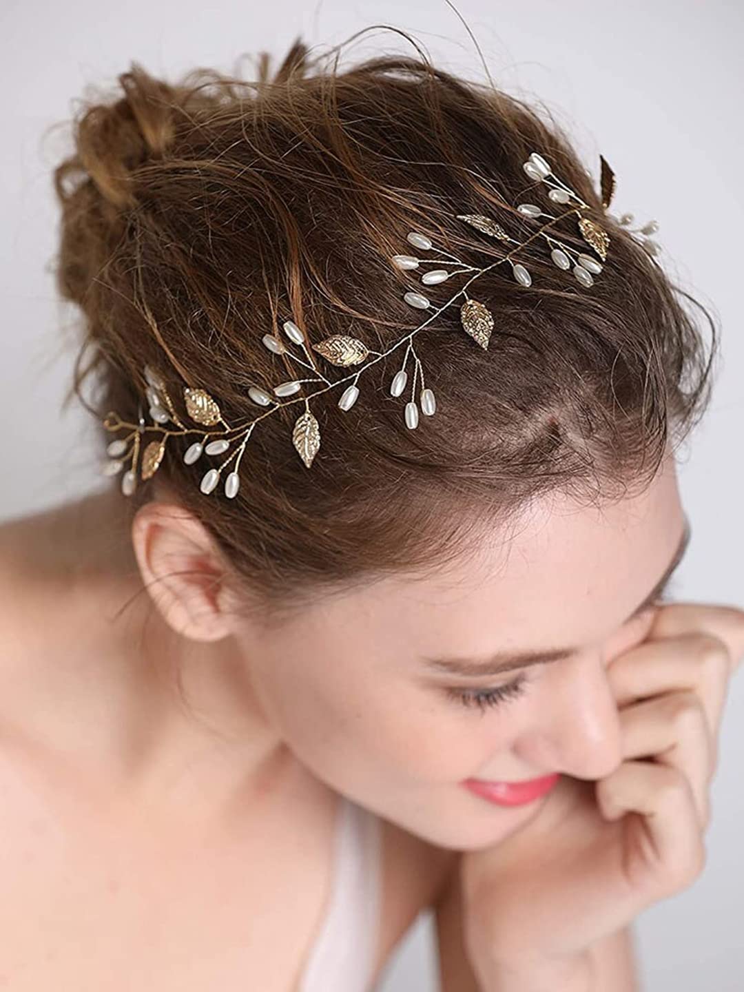 Yellow Chimes Bridal Hair Vine Bridal Golden Headband Leafy Pearl Bridal Wedding Head Band Hair Vine for Girls and Women