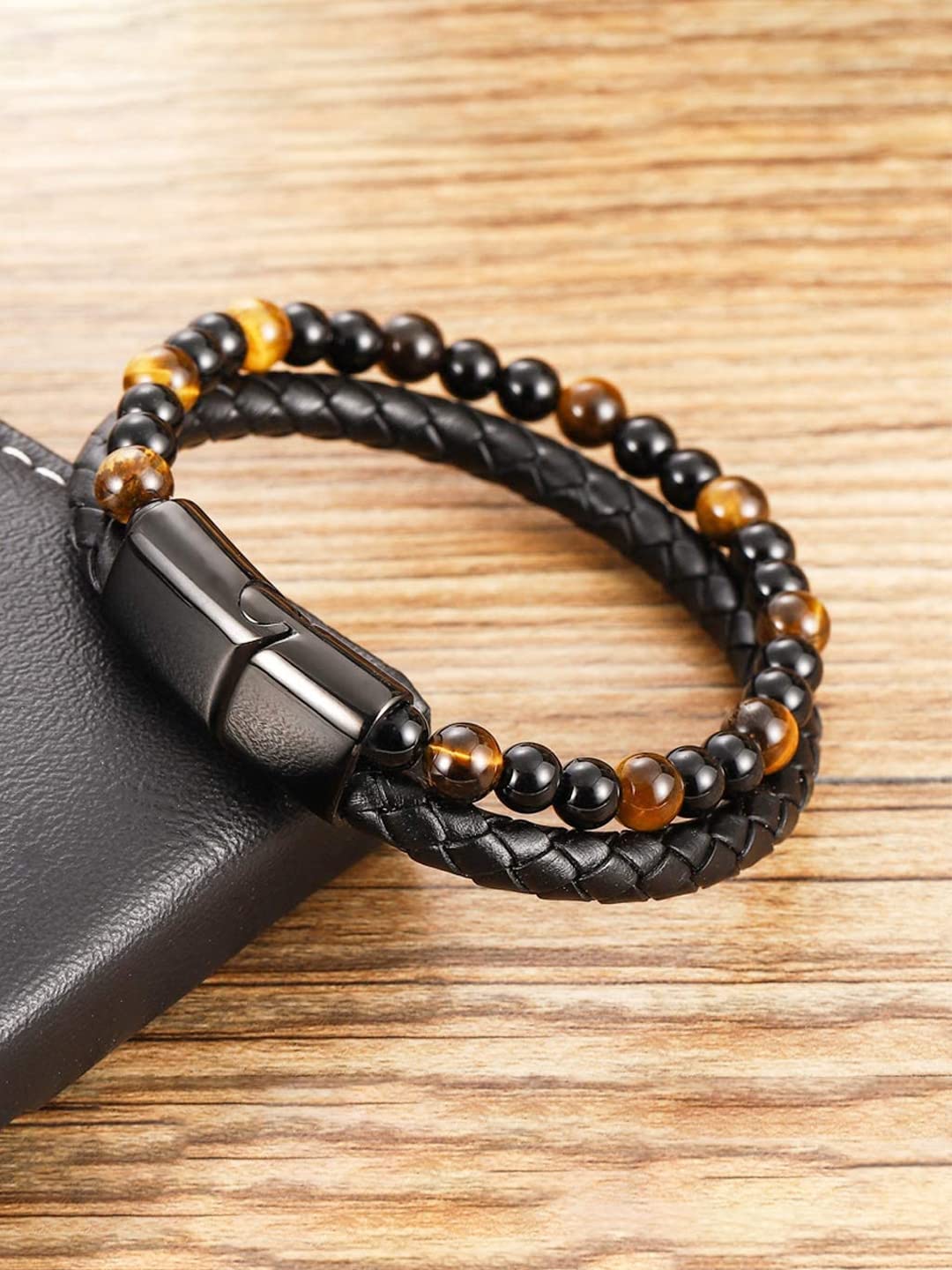 Kairangi Bracelet For Men Black and Orange Beaded Stretchable Bracelet For Men and Boys
