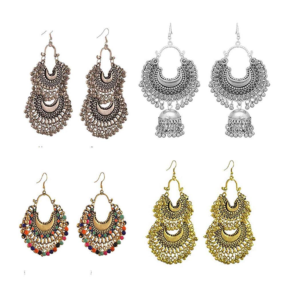 Yellow Chimes Chandbali Earrings for Women Silver Oxidised Chand bali Combo of 4 Pairs Afghani Style Traditional Jhumka Earrings for Women and Girls.