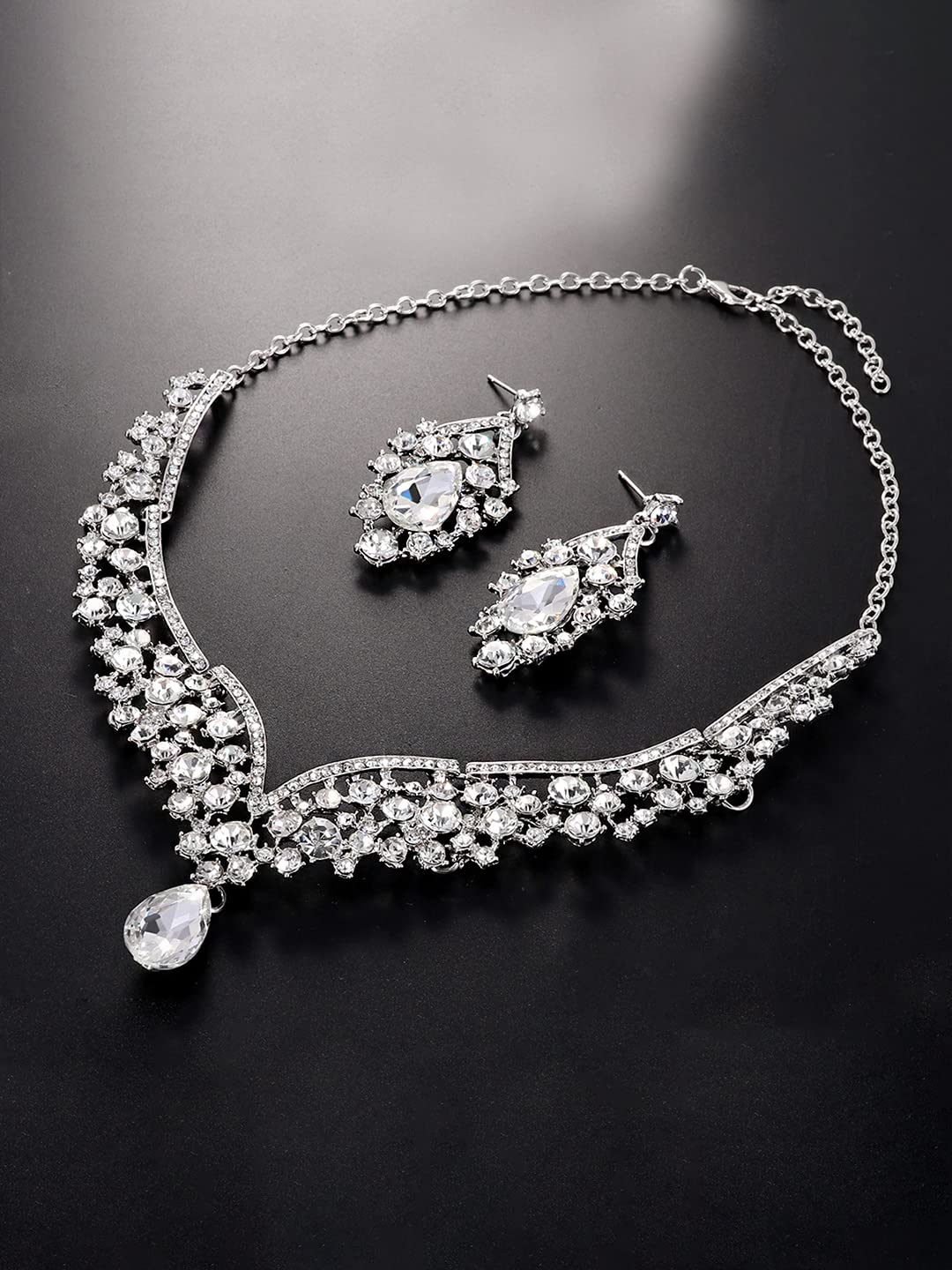 Yellow Chimes Jewellery Set For Women with Studded Classic Design Silver Plated White crystal Necklace Set (Design-11)
