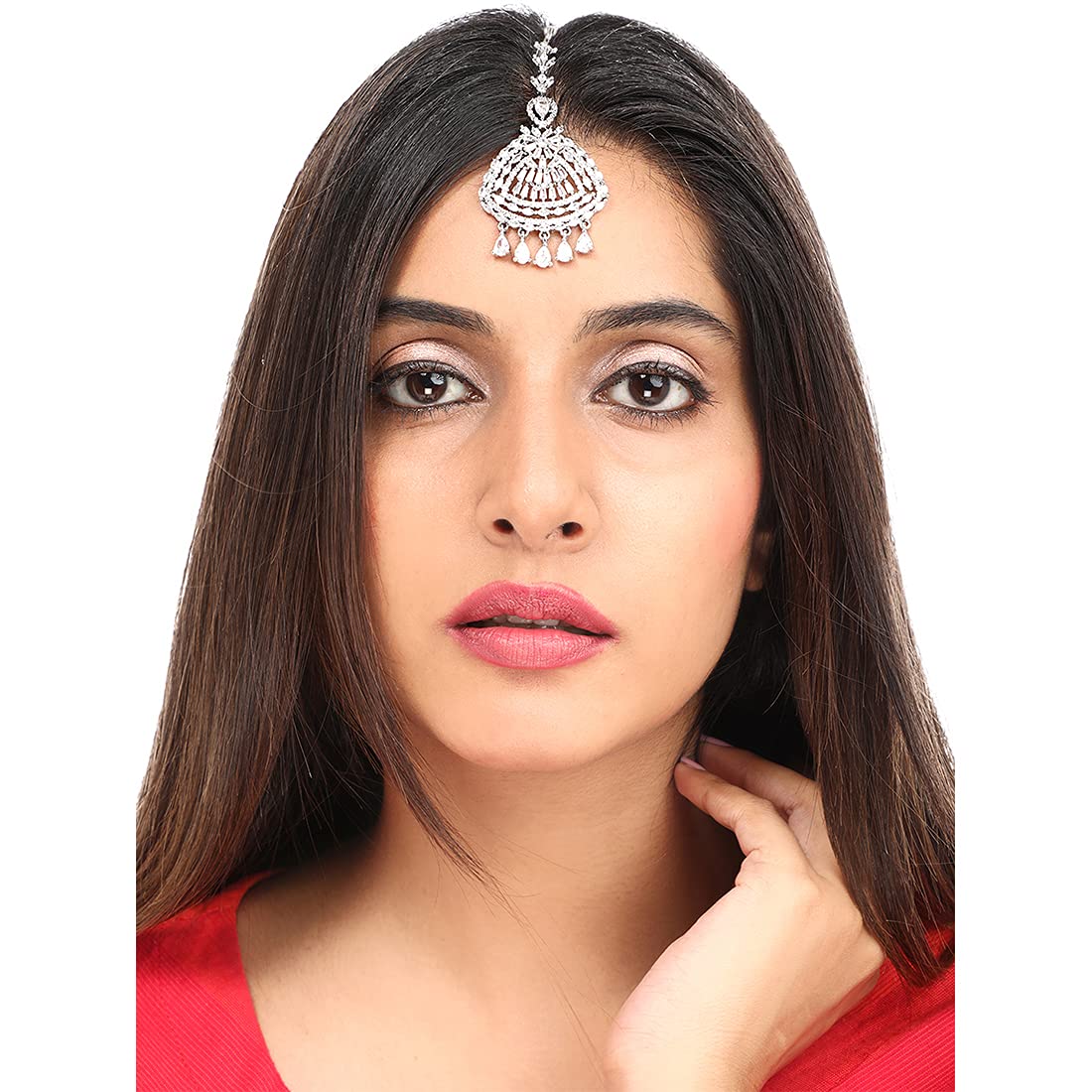 Yellow Chimes Classic AD/American Diamond Studded White Rhodium Plated Drop Crystal Design Maang Tikka for Women and Girls, Medium