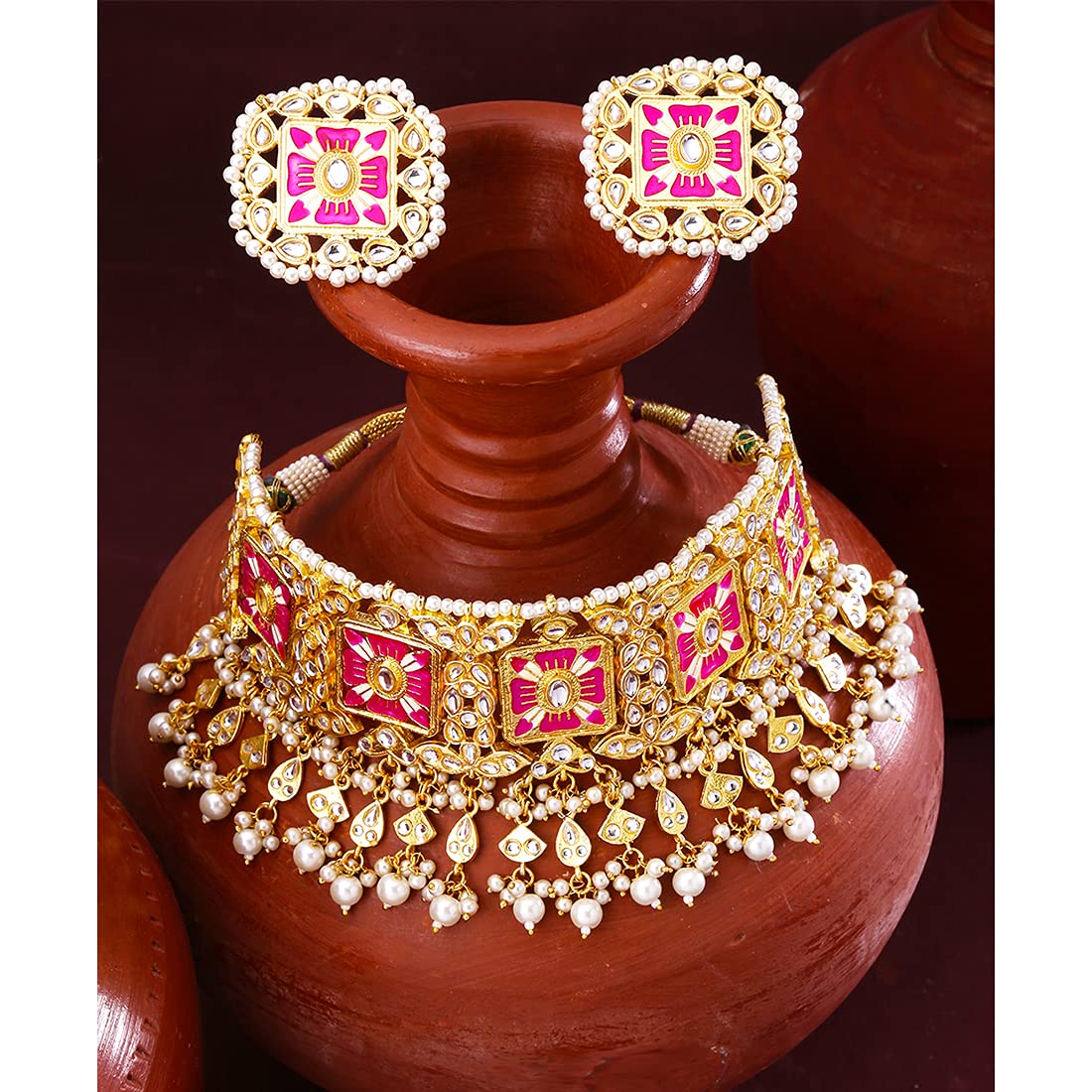 Yellow Chimes Ethnic Gold Plated Studded Kundan Green Beads Design Jewellery Set Traditional Choker Necklace Set with Earrings and maang Tikka for Women and Girls (Design 9)