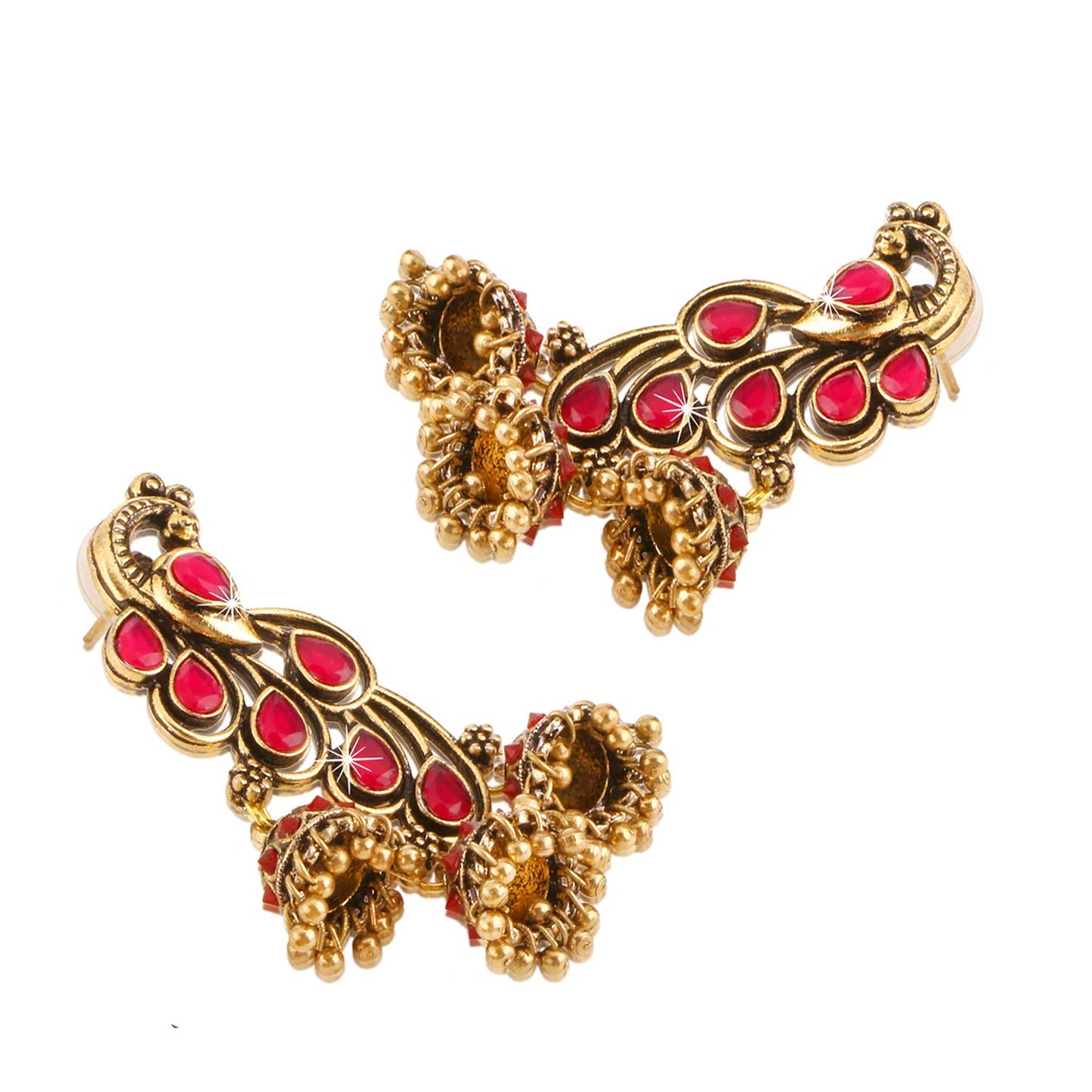 Yellow Chimes Red Stones Peacock Inspired Latest Trend Festive Oxidized Golden Traditional Jhumkas Earrings for Women and Girls