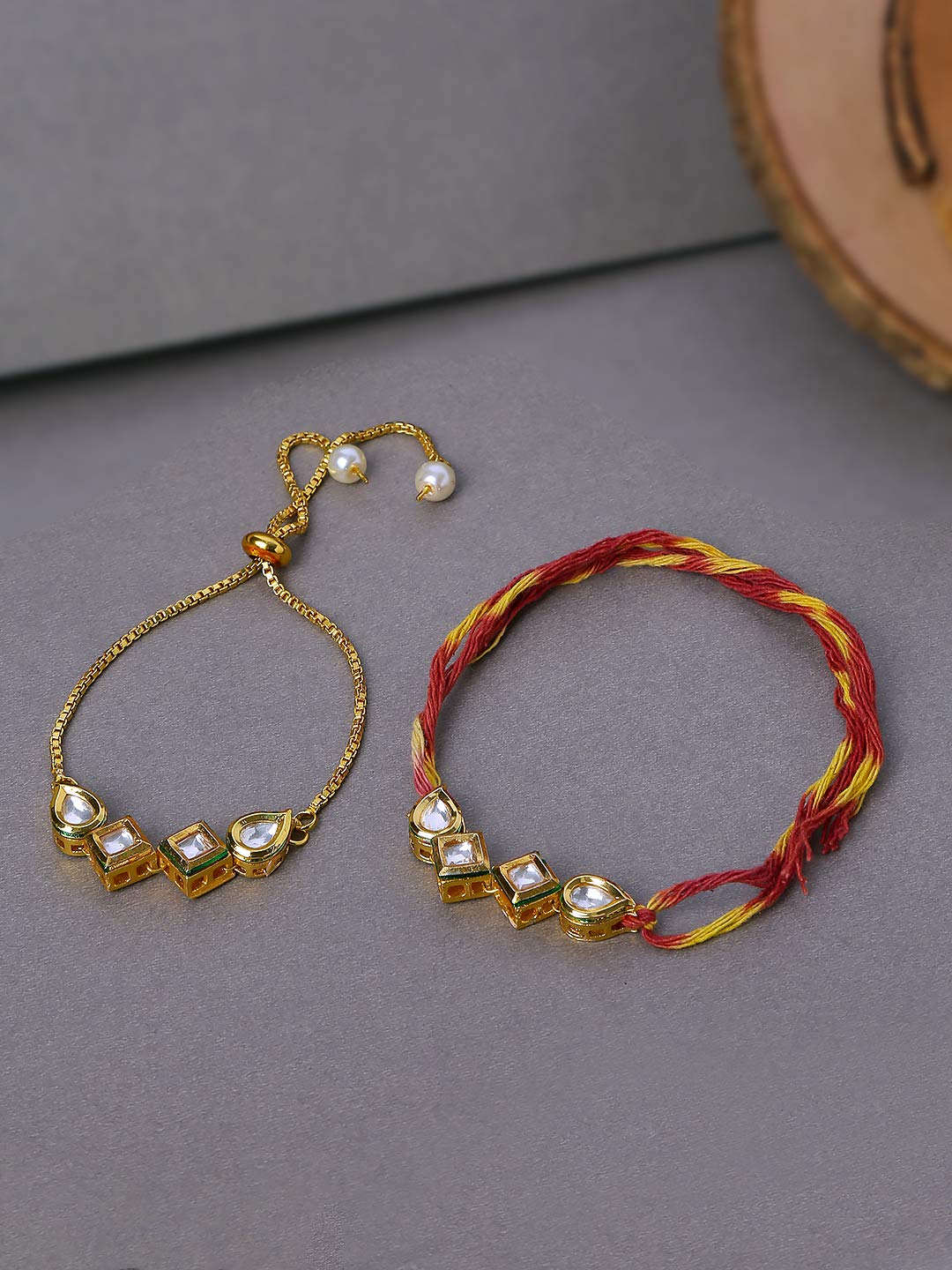 Yellow Chimes Rakhi for Brother and Bhabhi Gold Plated Kundan Bhaiya Bhabhi Rakhi Set Handmade Dori Worked Rakhi Combo of 2 PCs Men Rakhi Bracelet With Roli & Chawal