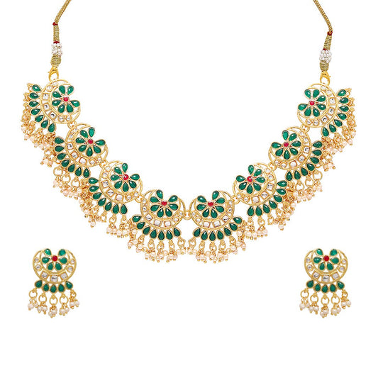 Yellow Chimes Ethnic Handcrafted Green Beads Floral Kundan Jewellery Set Gold Plated Traditional Choker Necklace Set for Women and Girls (Green, Gold)