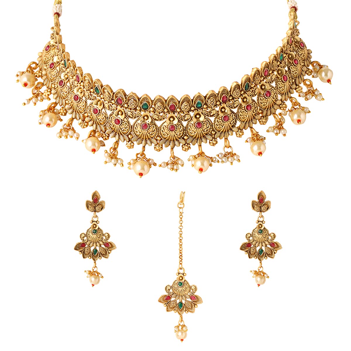 Yellow Chimes Jewellery Set For Women Gold Plated Crystal Studded Floral Designed Traditional Choker Necklace Set with Earrings and Mangtikka For Women and Girls