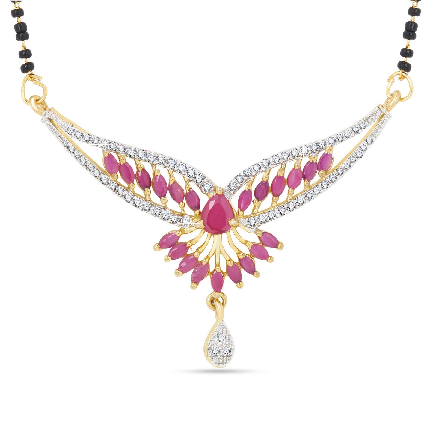 Yellow Chimes Classic Pink AD/American Diamond Studded Ethnic Black Beads Designer Mangalsutra Set with Earrings for Women