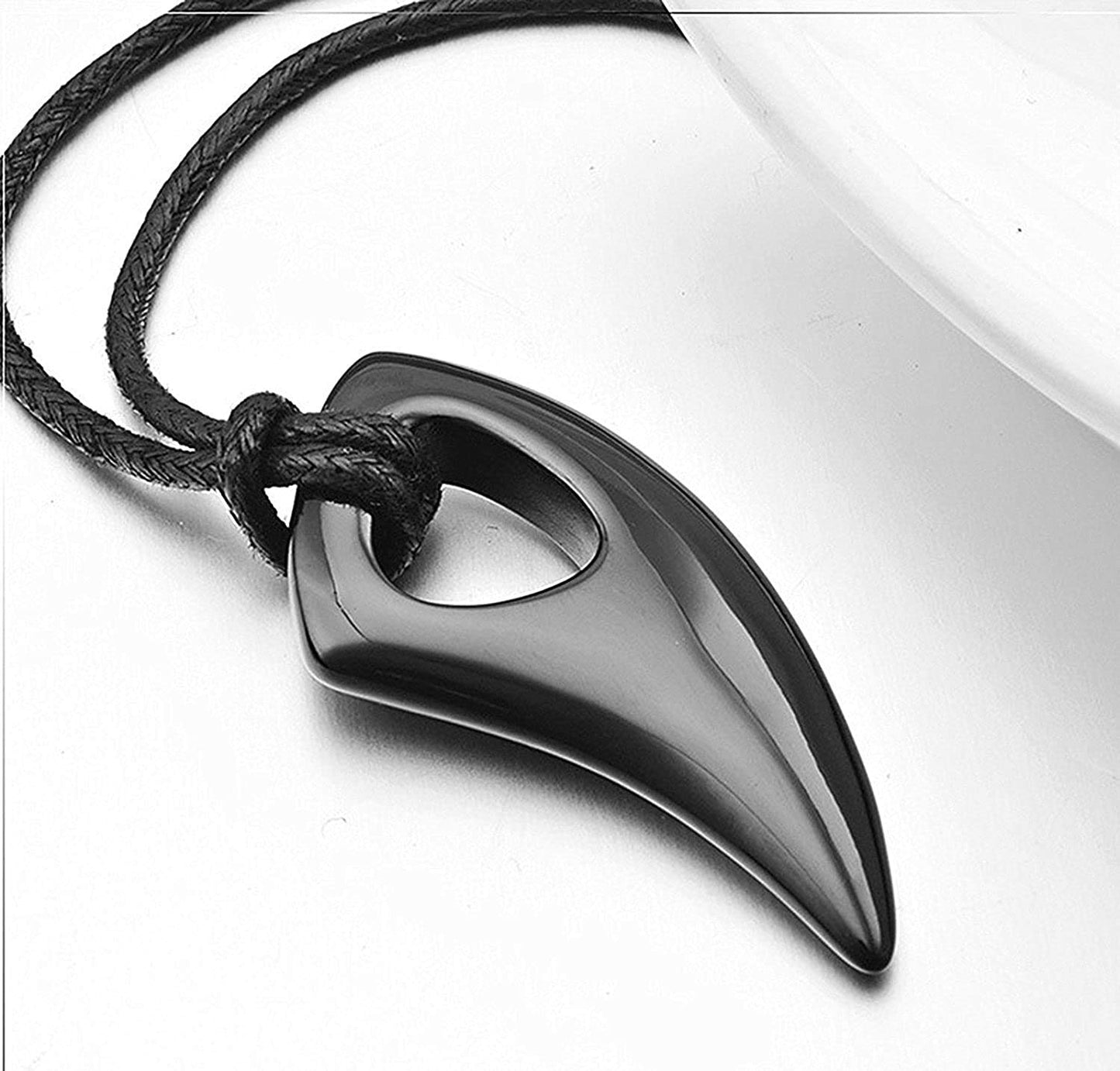 Yellow Chimes Stainless Steel Wolf Tooth Black Leather Rope Pendant for Men and Boys, Medium (YCFJPD-SSWOLF-BK)