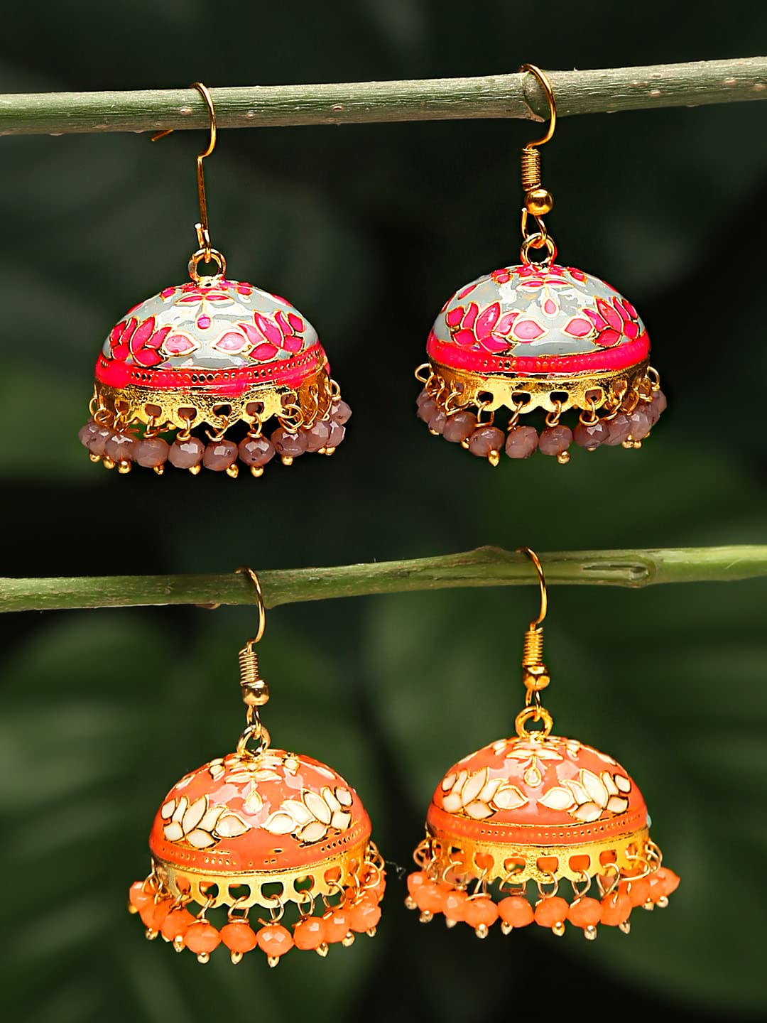 Yellow Chimes Meenakari Jumka Earrings with Ethnic Design Gold Plated Traditional Beads Combo of 2 pair for Women and Girls