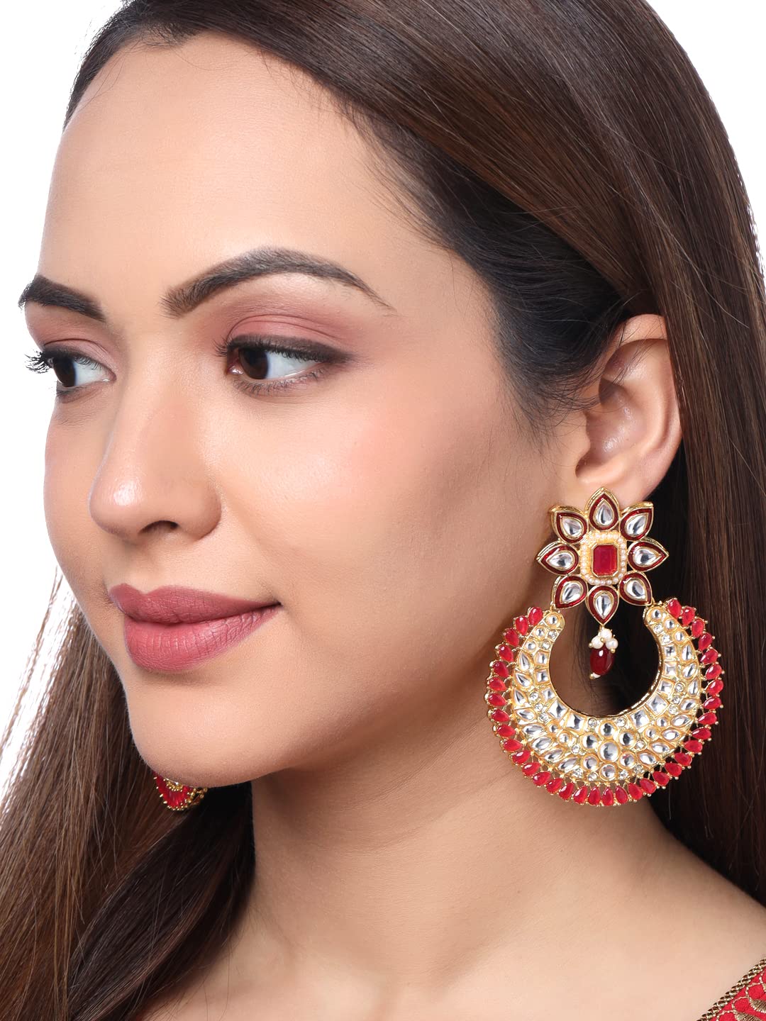 Yellow Chimes Earrings For Women Gold Tone White and Red Kundan Studded Chandbali Earrings For Women and Girls