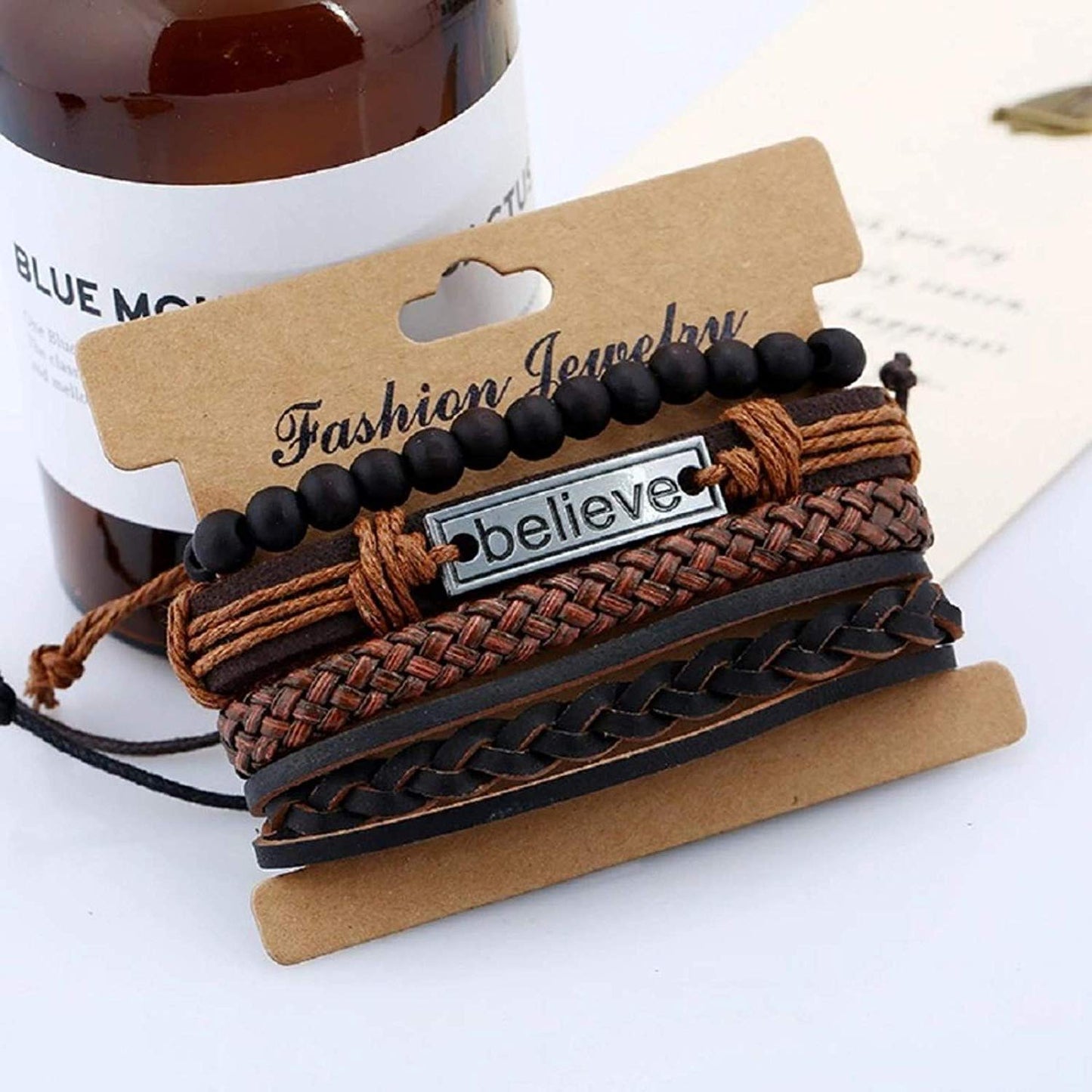 Yellow Chimes 4pcs Inspirational Message 'Believe' Unisex Multi Strand Bracelet for Men (Brown, Black) (YCFJBR-106BELIV-BR)