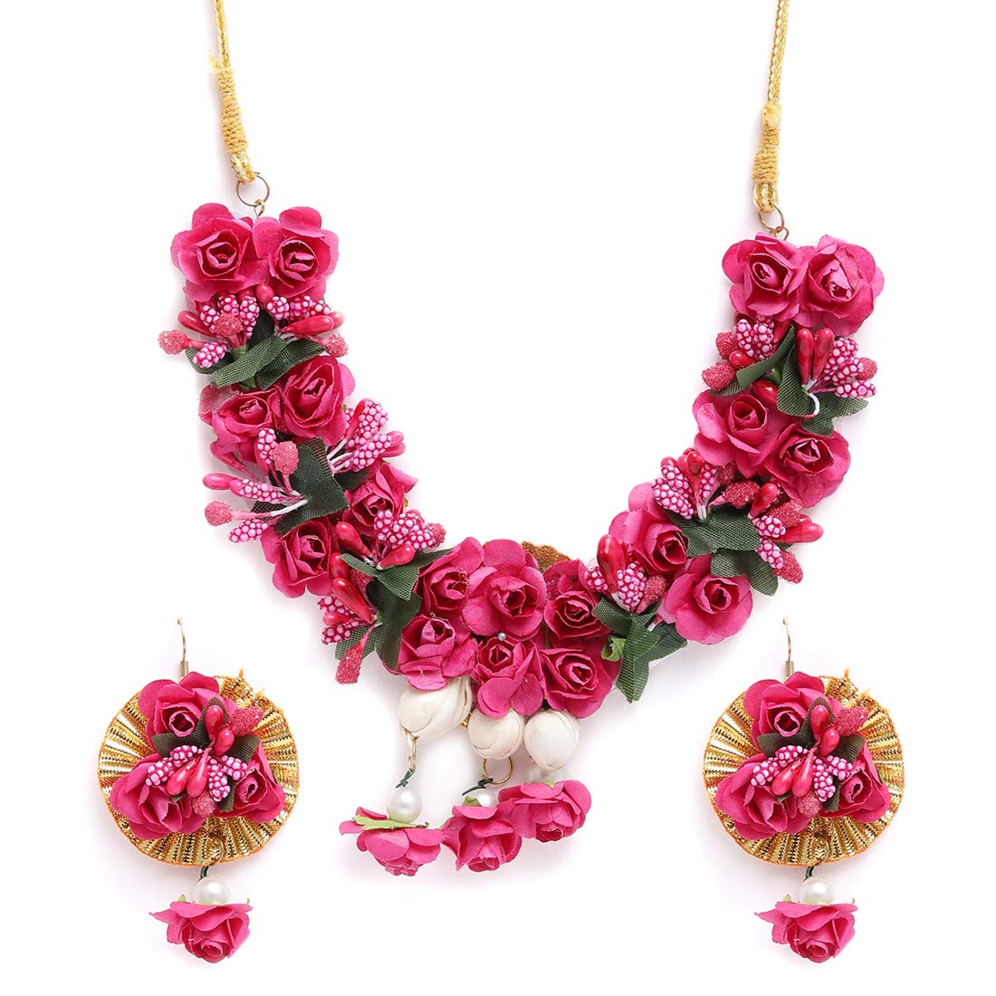 Yellow Chimes Dark Pink Flower Jewellery Set for Haldi Baby Shower Mehandi Godbharai Bahubali Paper Aritificial Jewelley Set for Women and Girls