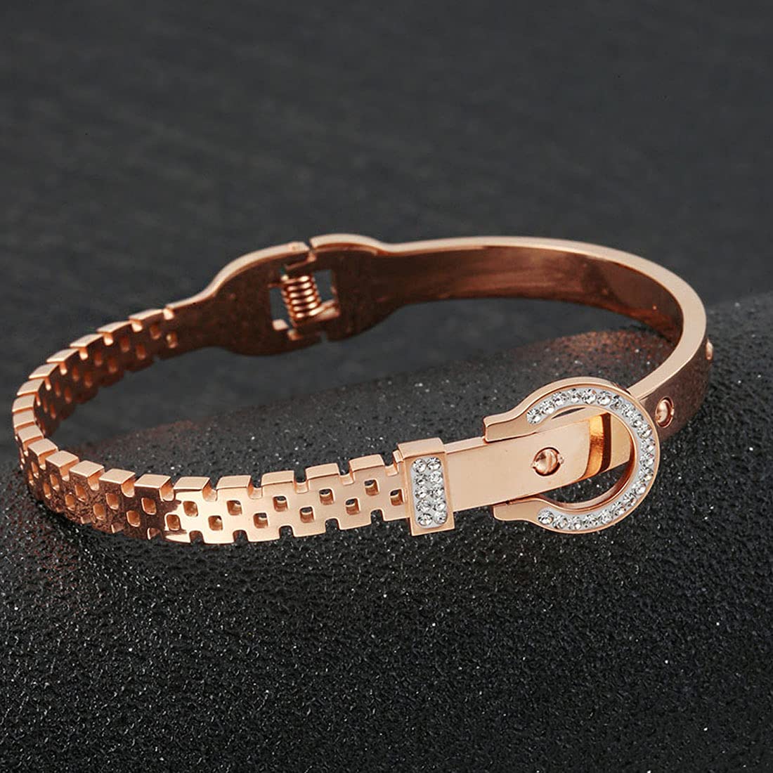 Yellow Chimes Latest Fashion Elegant Stainless Steel Rose Gold Plated Crystal Statement Style Kada Bracelet for Women and Girls, M (YCFJBR-323KDABG-RG)