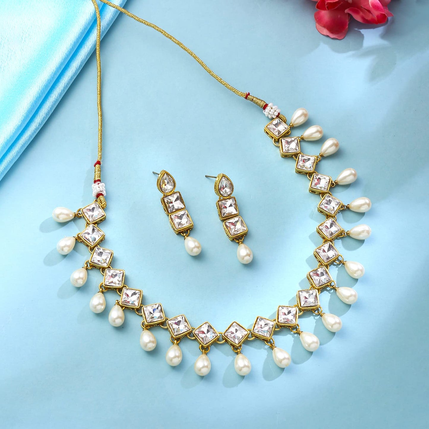 Yellow Chimes Jewellery Set for Women and Girls Kundan Necklace Set Gold Plated Kundan Studded Pearl Drop Choker Necklace Set | Birthday Gift for girls and women Anniversary Gift for Wife