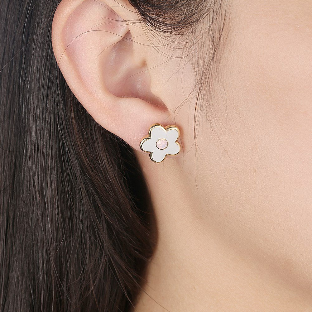 YELLOW CHIMES White Flower High Grade Enamel 18K Gold Plated Austrian Crystal Earrings for Girls and Women