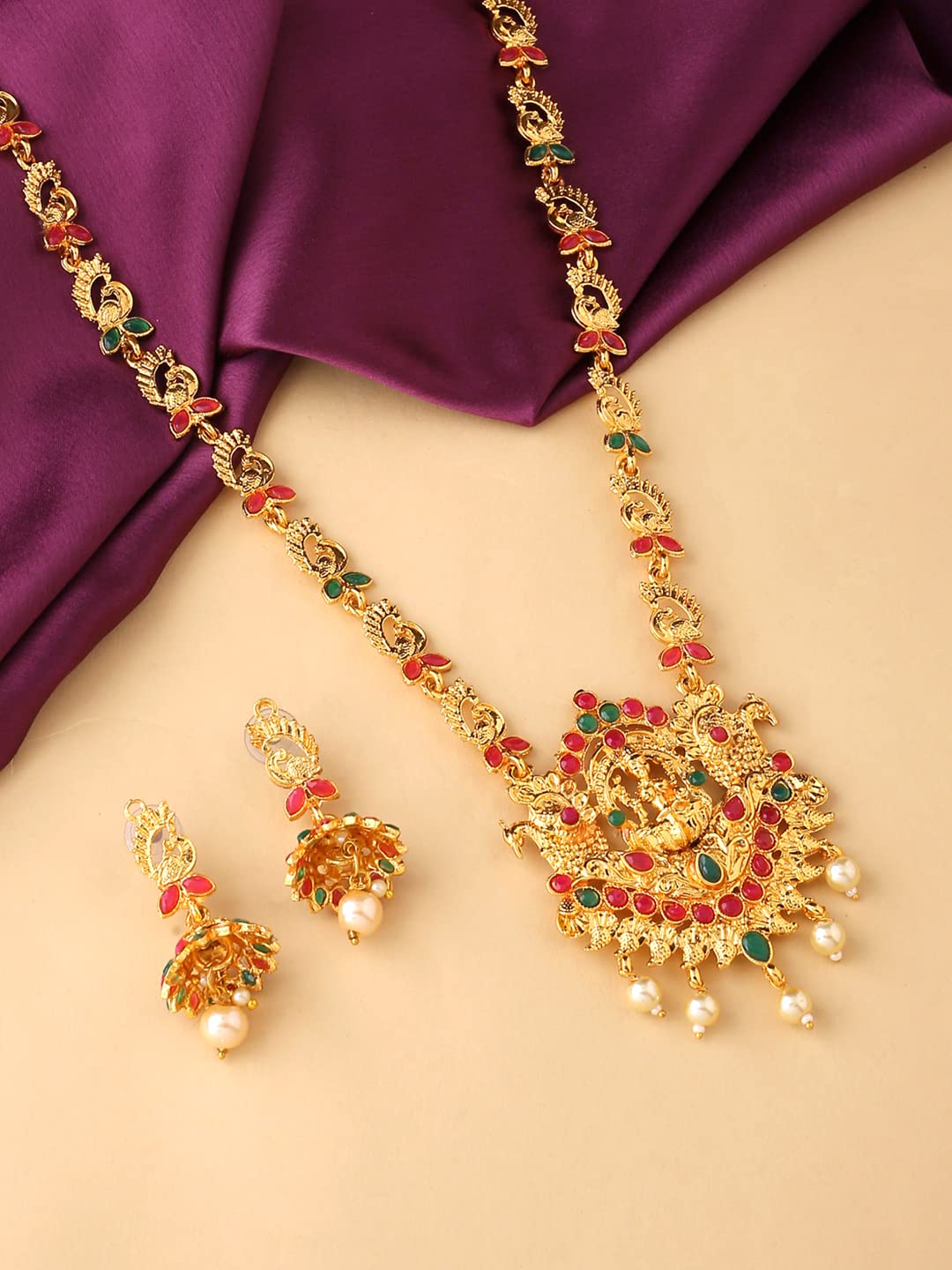 Yellow Chimes Jewellery Set for Women and Girls | Gold Plated Temple Jewellery Set for Women Traditional | Accessories Jewellery for Women | Stone Studded Long Haram Jewelry Set Antique Jewellery | Birthday Gift for girls and women Anniversary Gift for