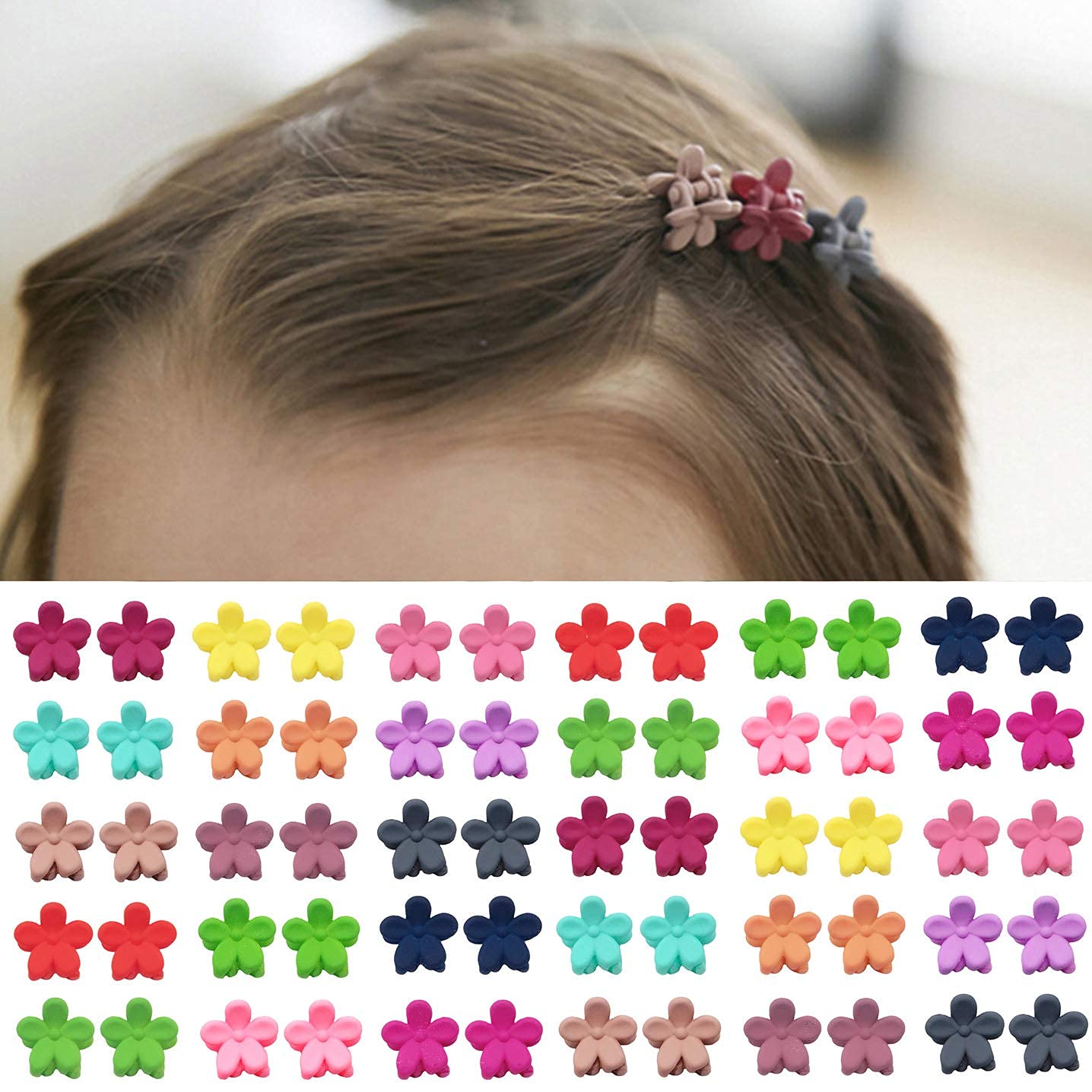 Melbees by Yellow Chimes 50 Pcs Flower Mini Hair Claw Clips with 40 pcs Pony Holders Rubber Bands, Hair Acessories for Girls Women Kids (Pack of 90), Multi-Color, Medium