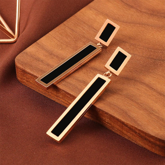 Kairangi Long Earrings for Women Western Rose Gold Plated Stainless Steel Black Square Drop Danglers Earrings For Women and Girls