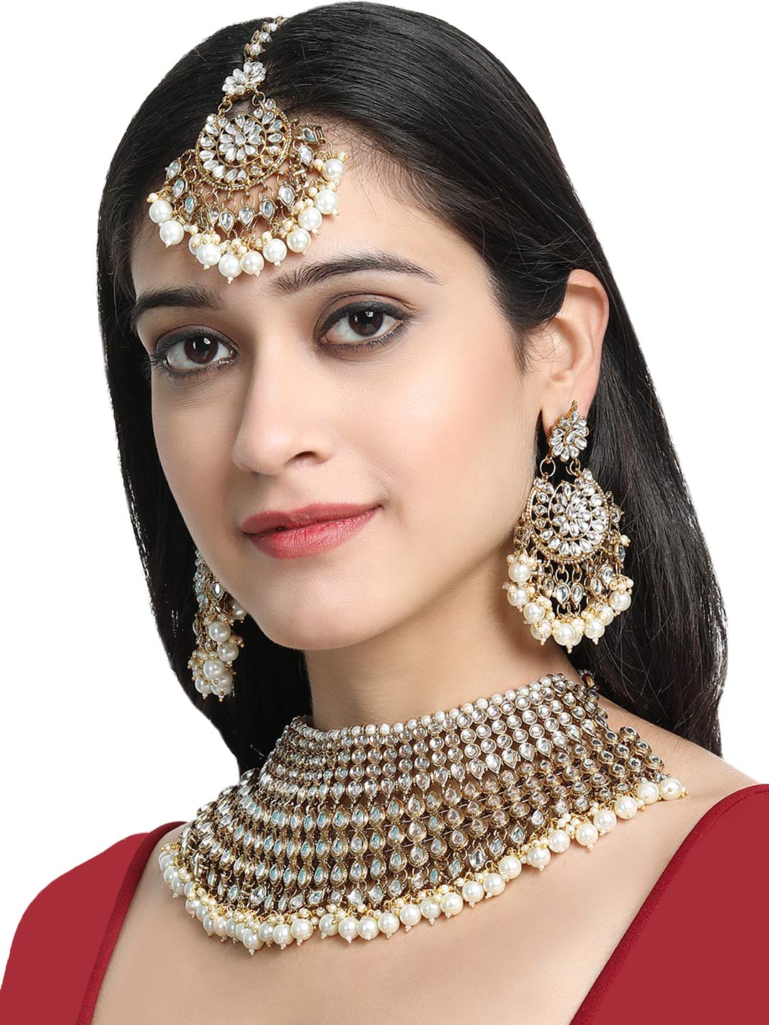 Yellow Chimes Kundan Bridal Jewellery Set Gold Plated Traditional White Choker Necklace Set for Women & Girls