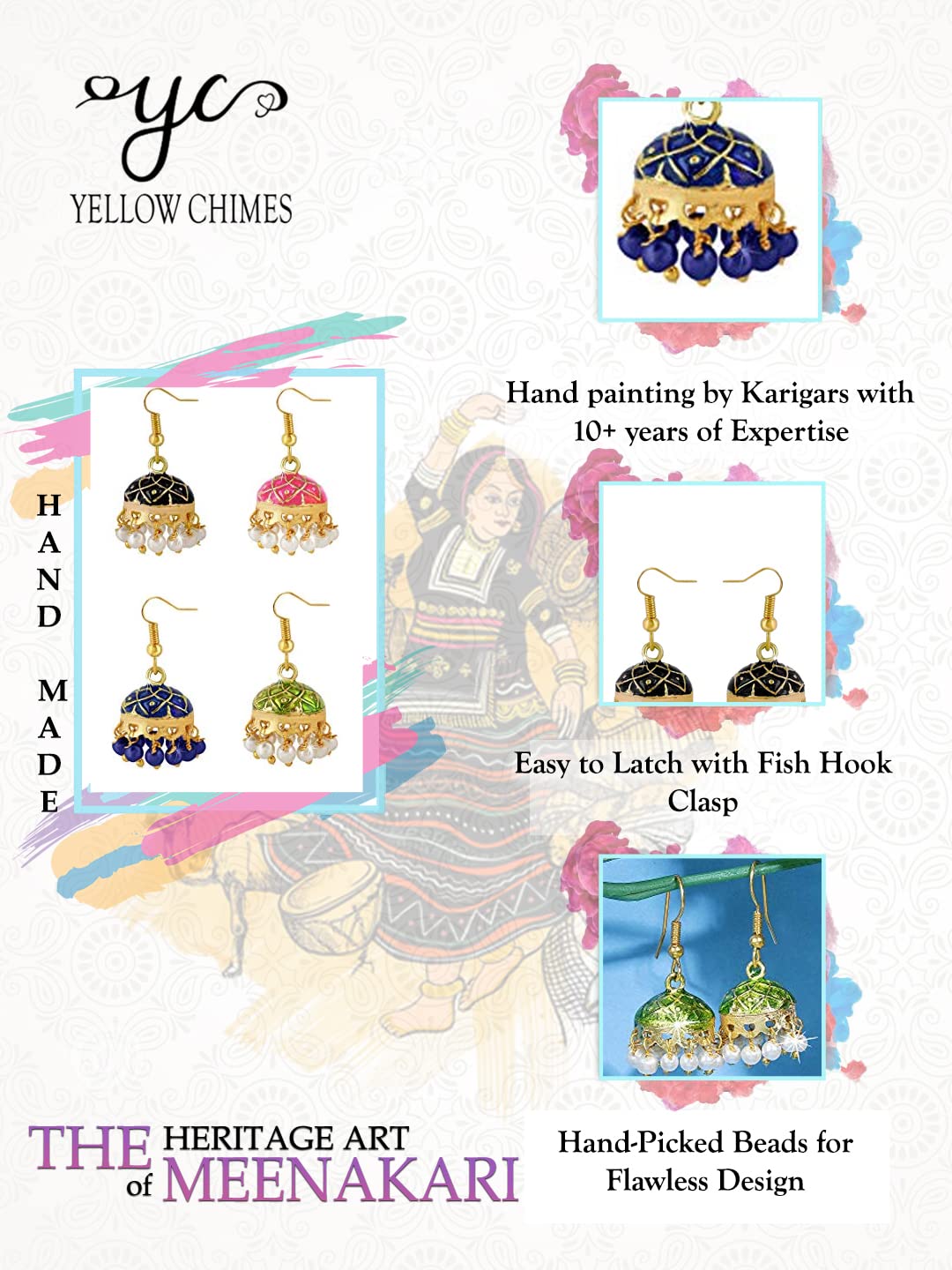 Yellow Chimes Earrings for Women and Girls Meenakari Jhumka | Gold Plated | Dome Shape Jhumki Combo Earrings | Birthday Gift for girls and women Anniversary Gift for Wife