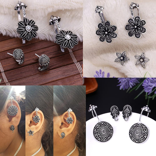 Yellow Chimes Oxidised Ear Cuffs for Women Combo of 3 Pairs Silver Oxidised Stud Earrings Floral Design Traditional Bugadi Ear Clip Earrings for Women and Girls.