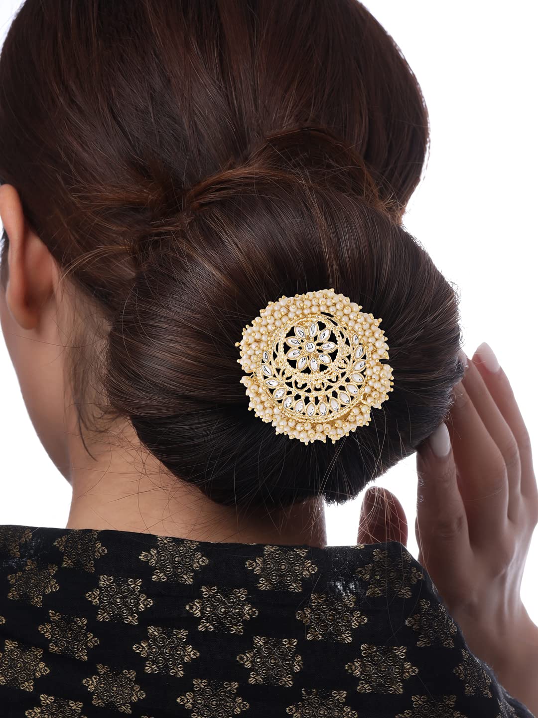 Yellow Chimes Bun Pins for Women Gold Toned Kundan and Beads Studded Ambada Juda Pin Bun Pins for Women and Girls