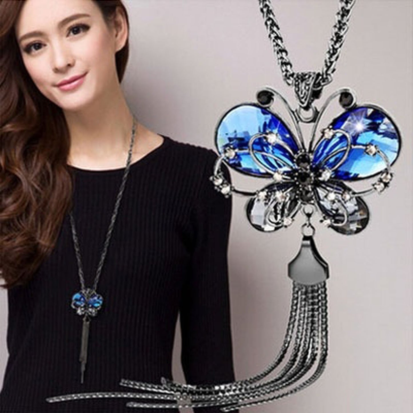 Yellow Chimes Long Chain Necklace for Women Butterfly Pendant Adorable Blue Crystal Chain Pendant Necklace for Women and Girls