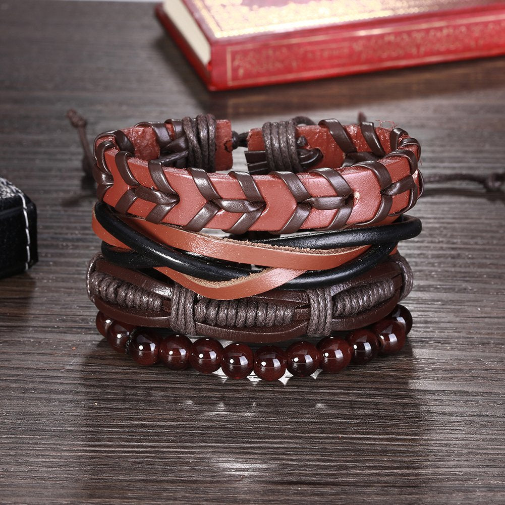 Yellow Chimes 4 pcs Retro Cowhide Woven Wrap Natural Beads Mens Women Bracelet/Unisex Wrap