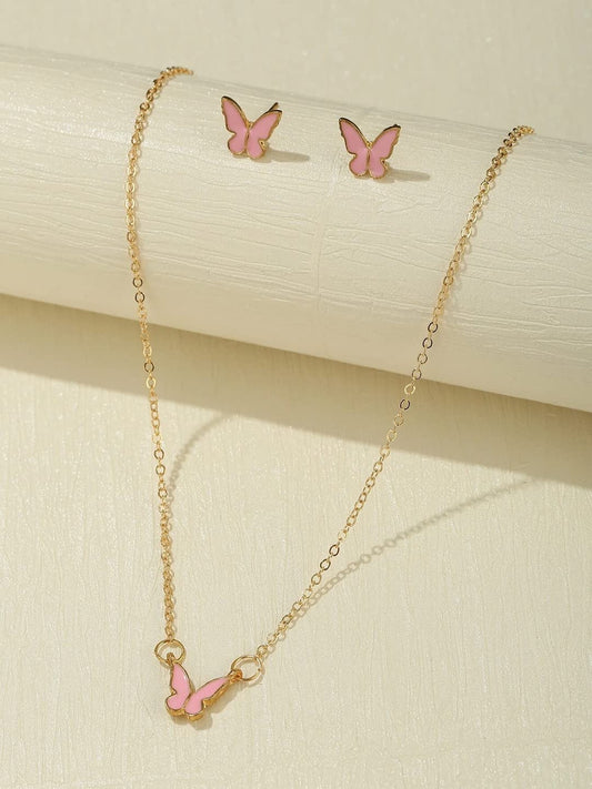 Yellow Chimes Necklace Set For Women Gold Tone Chain Pink Color Butterfly Charm Attached With Butterfly Shape Earrings For Women and Girls