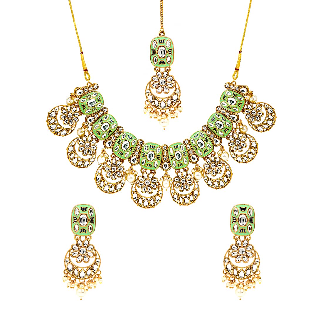 Yellow Chimes Traditional Jewellery Set for Women Kundan Green Beads Jewellery Set Ethnic Gold Plated Choker Necklace Set with Maang Tikka for Women and Girls.