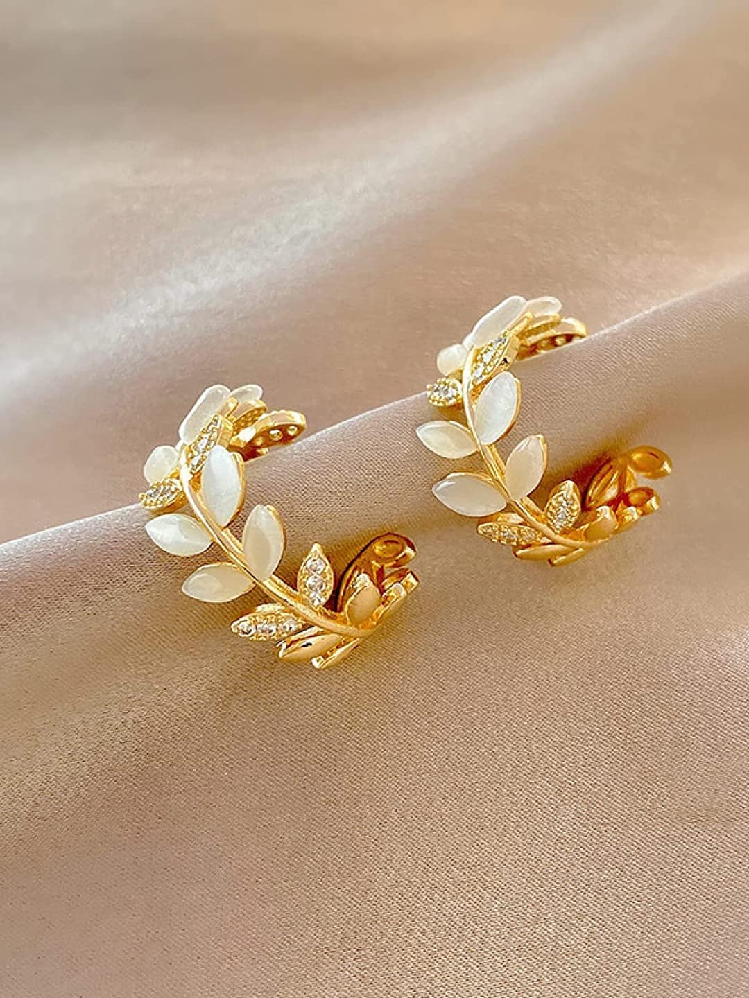 Yellow Chimes Earrings For Women Gold Toned Leaflet Designed Crystal Stone Studded Half Bali Clip On Hoop Earrings For Women and Girls